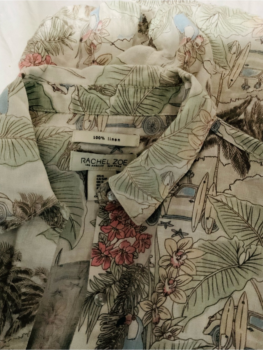 Rachel Zoe Light Green Floral Print Linen Short Dress with Pink Accents